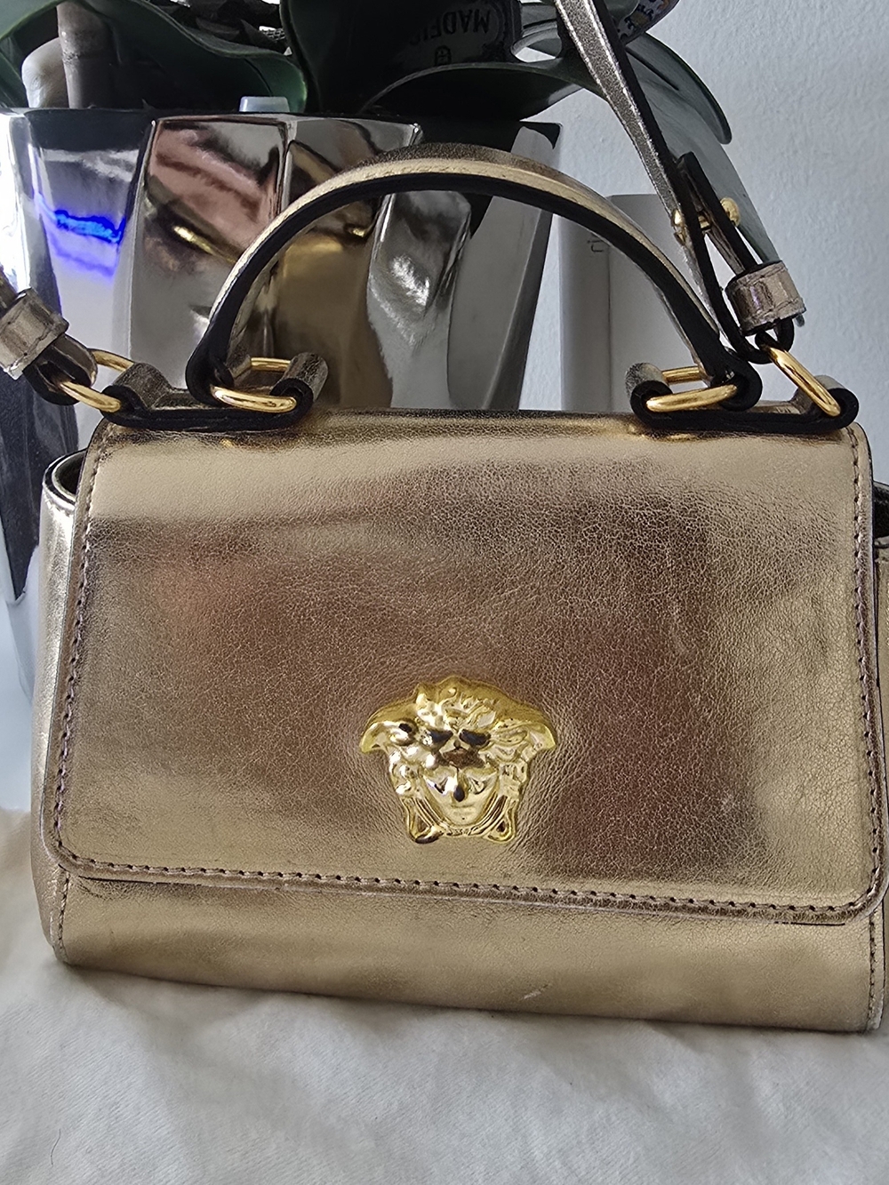 Auth. Versace Metallic Gold Mini Top-Handle Bag with Medusa Emblem